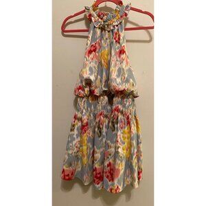 Glam Short Dress Halter Gathered Waist Floral Print Medium